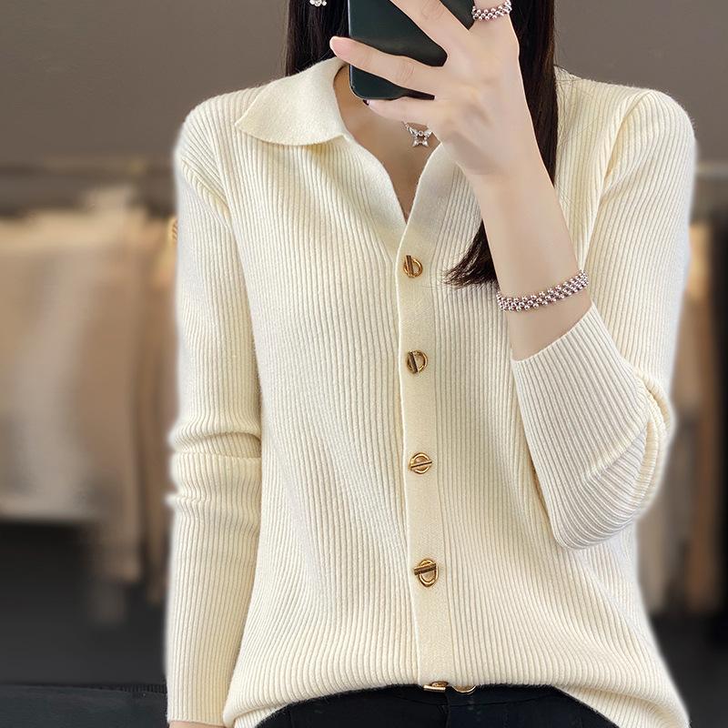 

Новый однотонный кардиган поло с длинным рукавом для женщин, осенне-зимний, новая куртка-топ с лацканами и застежкой на пуговицы, вязаный свитер S
