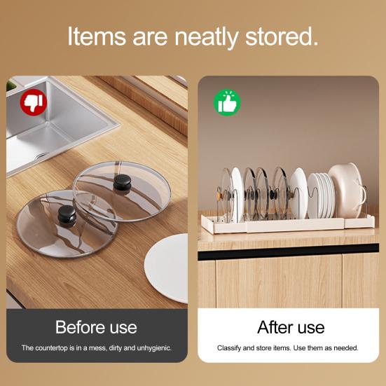 Stojak na garnki ze stali nierdzewnej z przegródkami, Regulowany organizer na pokrywki z rozszerzaną wentylowaną podstawą, Odporny na rdzę stojak do przechowywania w szafce kuchennej, Naczynie kuchenne