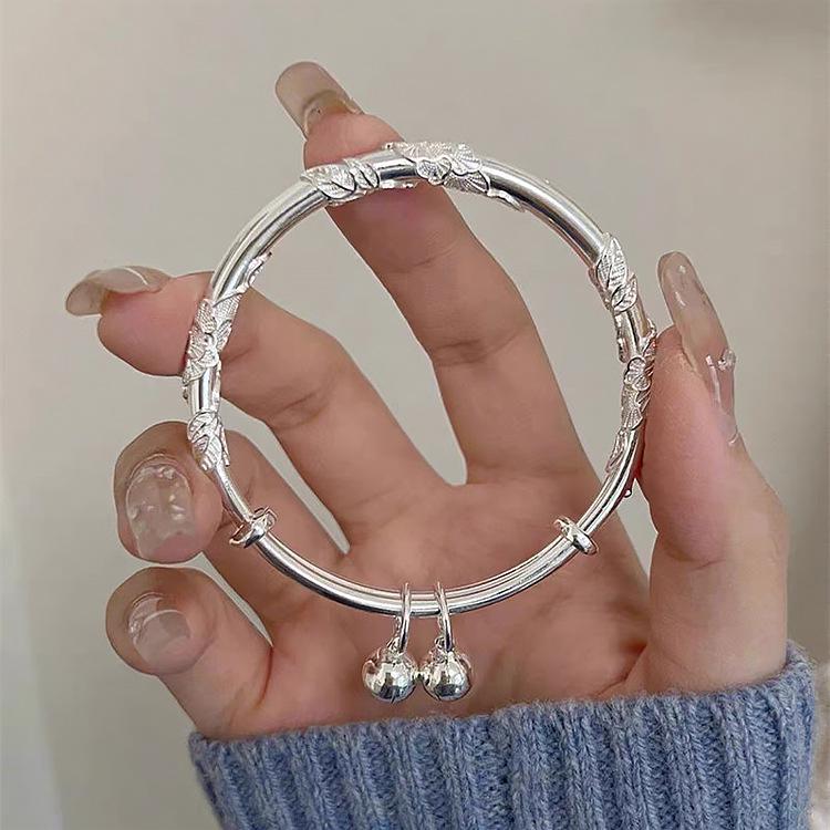 Blooming Flowers Adjustable Pure Silver Women's Bangle - Simple Fashion Bracelet