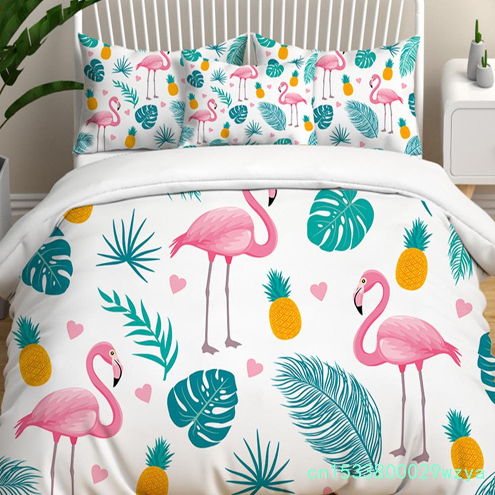 Modern Flamingo Pineapple Print Bedding Set Queen Tropical Plants Leaves Flowers Duvet Cover Hawaiian Islands Floral Pillowcases