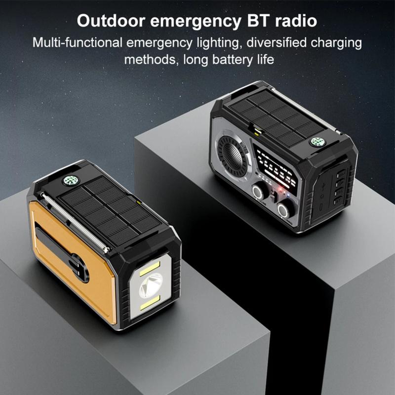 Utendørs Overlevelse Værradio AM/FM/WB NOAA Solcelle Håndsveiv Oppladbar Powerbank Bluetooth-kompatibel Høyttaler SOS-alarm