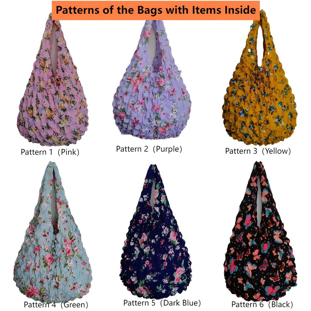 Magic Retractable Bubble Pleated Floral Shopping Bag for Women Lightweight Elastic Reusable Tote