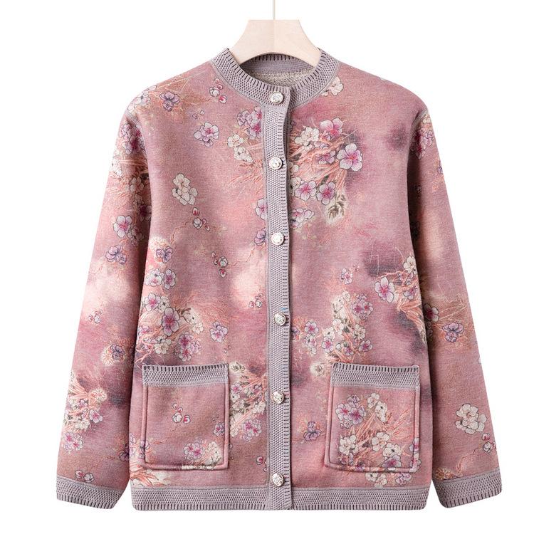 Mom Wears New Knitted Sweater Cardigan Jacket Middle-aged and Elderly Fashionable Sweater Female Grandma Autumn Clothes Plus Velvet Thick Top