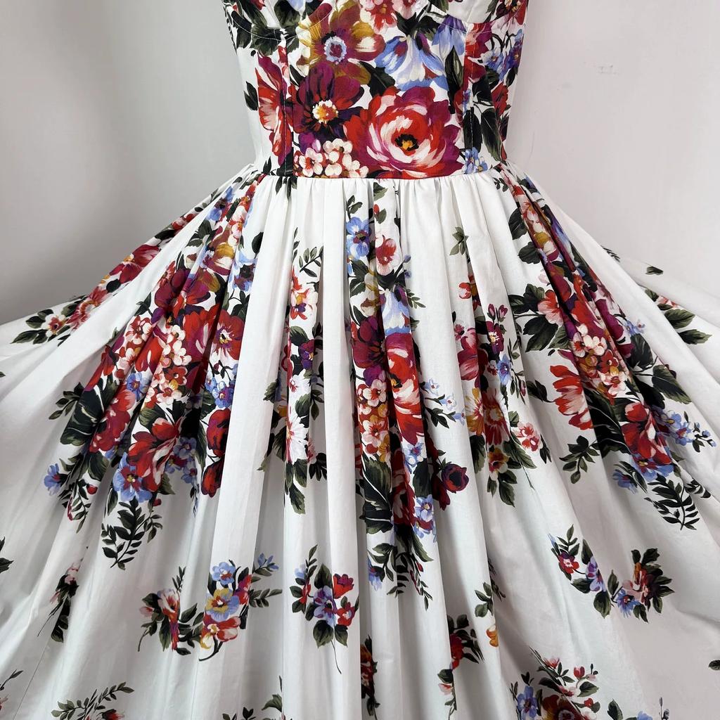 New Summer Holiday Elastic Floral Print Long Dress Women's Spaghetti Strap Cup Padded Backless A-Line Boho Midi Dress