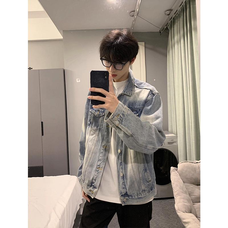 

Light blue American retro denim jacket men s spring and autumn trendy brand sense ruffian handsome tooling jacket denim M 100-60 kg