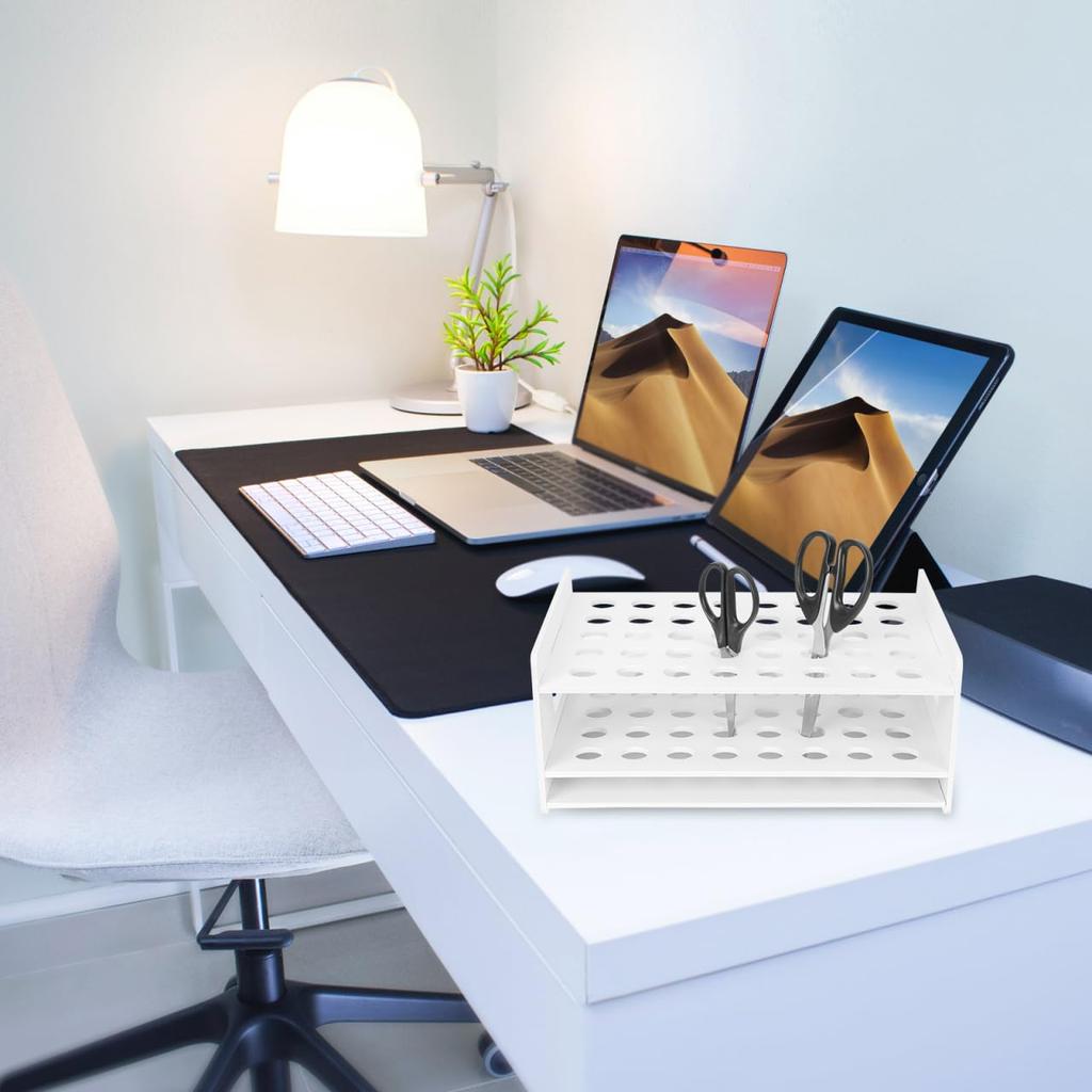 Lurrose Wooden Scissors Rack Desktop Organization Holder Storage Rack 40 Holes Desk Organizer School Home Office Supplies Scissors Holder for Arts
