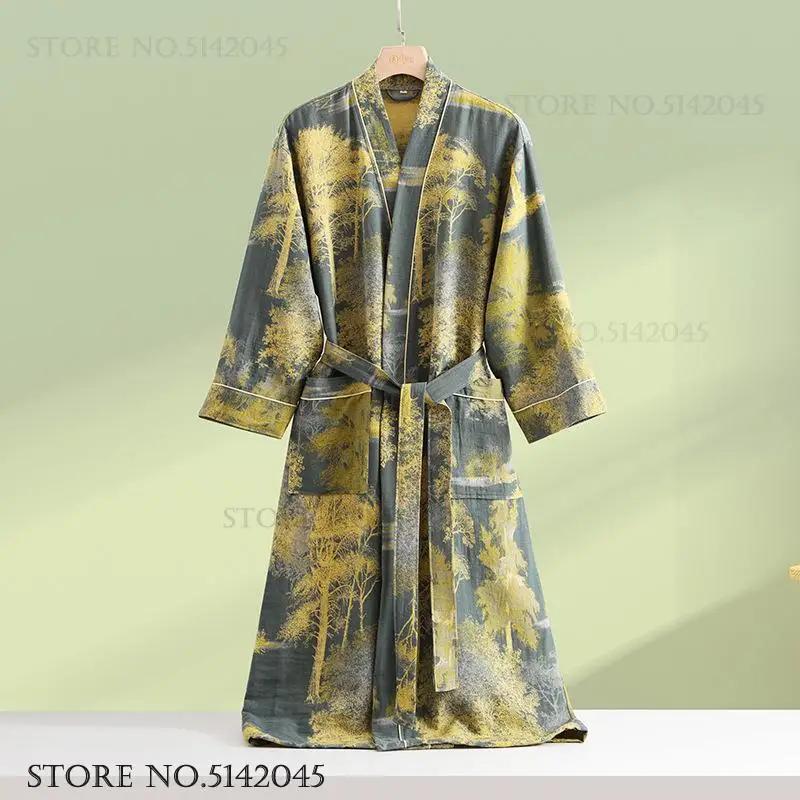 Print Flower Cotton Gauze Kimono Bathrobe Gown Female Robe Negligee Loose Home Dressing Gown Sleepwear Spring Summer Nightwear