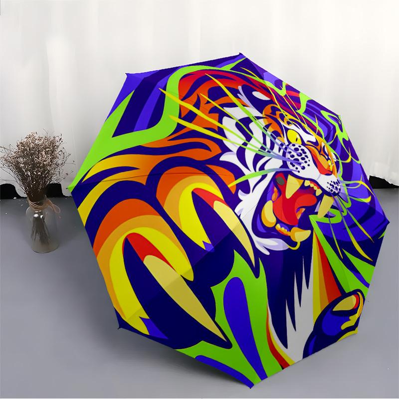 1PC Tiger Artwork Automatic Windproof Umbrella 8 Rib Portable Folding Black Iron Frame for Outdoor, Beach, Travel, Beach Umbrella S13