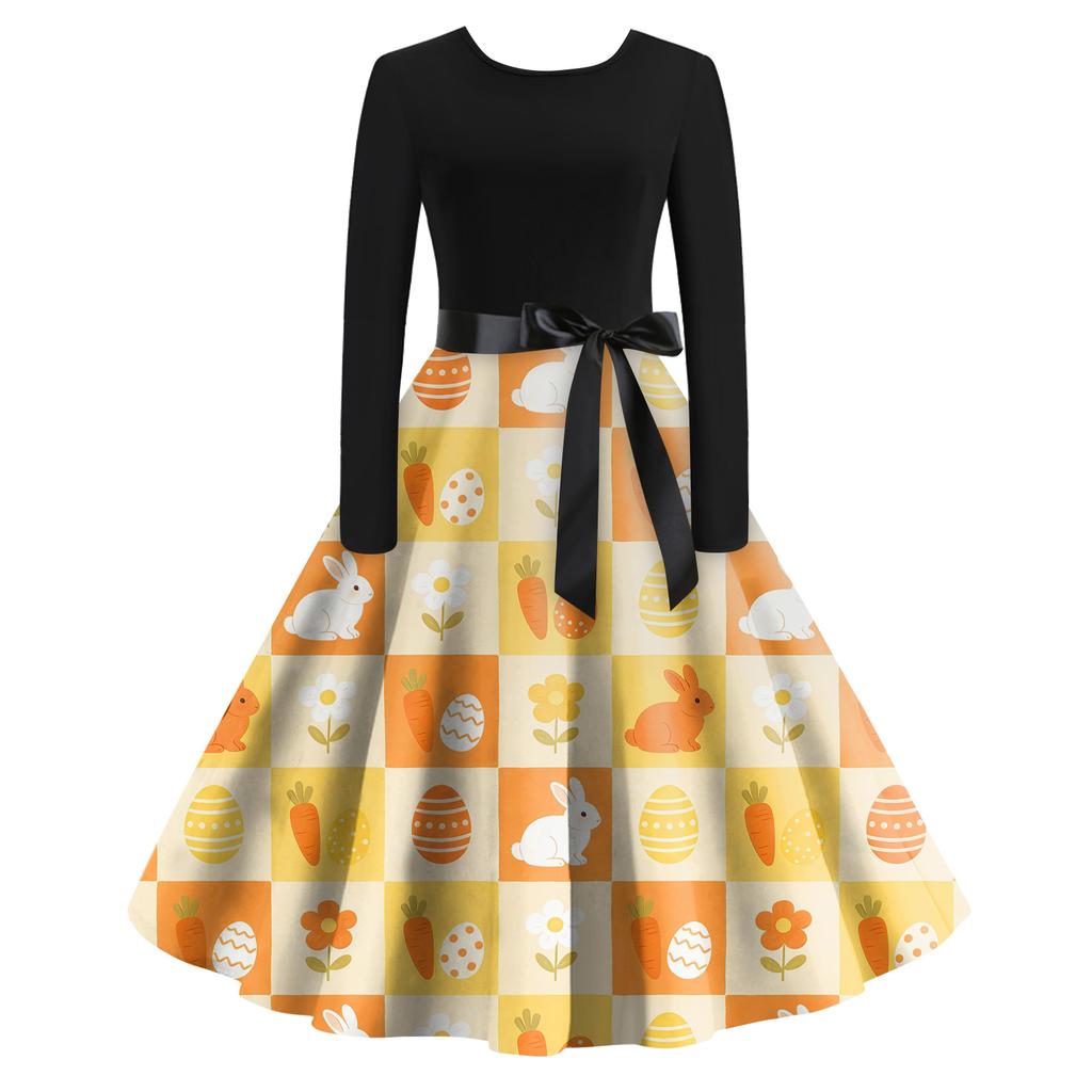 Rochie Retro cu Imprimeu de Crăciun, Casual, de Modă pentru Femei, cu Gât Rotund, Mâneci Lungi