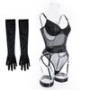 European and American Women Sexy Sheer See Through Bodysuit Patchwork Mesh Lingerie Shapewear with Straps and Gloves
