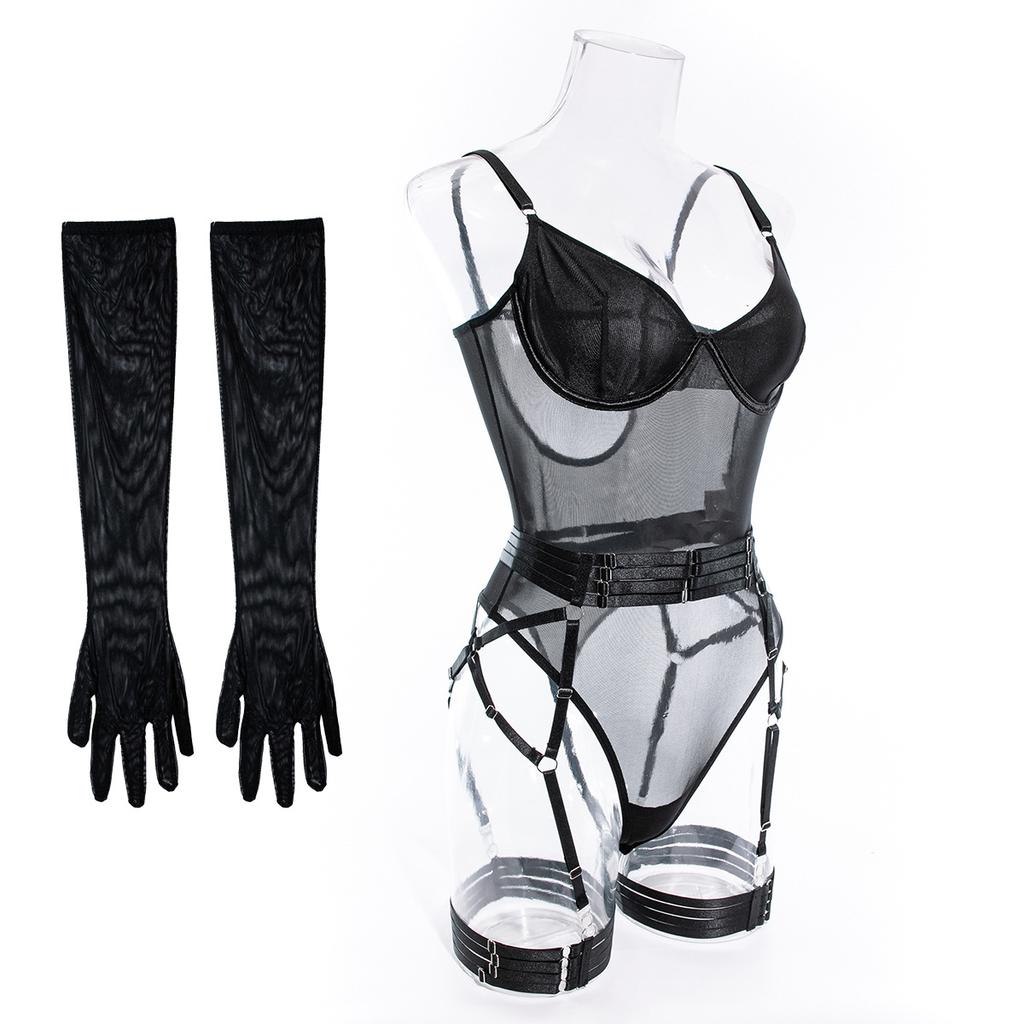 European and American Women Sexy Sheer See Through Bodysuit Patchwork Mesh Lingerie Shapewear with Straps and Gloves