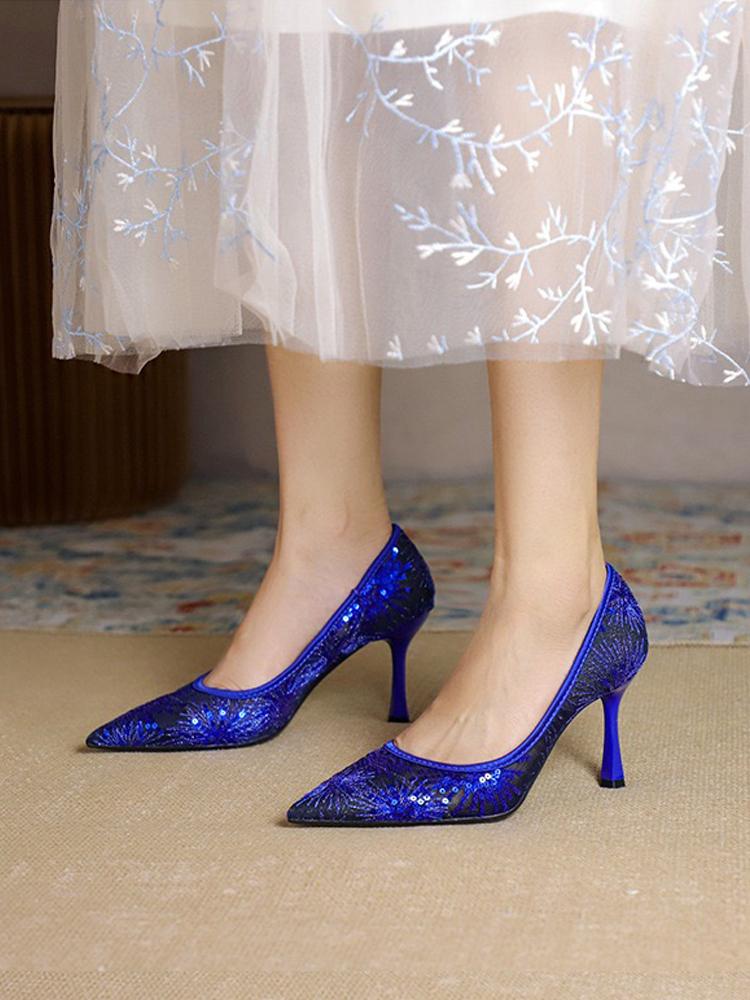 Fashion 2025 New Style Sparkling Mesh High Heels Women's Pointed Shallow Mouth Fine Single order Shoes Versatile Wedding Shoes