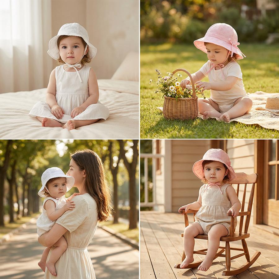 Children's summer lightweight breathable wide-brimmed sun protection hat for women, baby girls - lace trimmed bucket hat