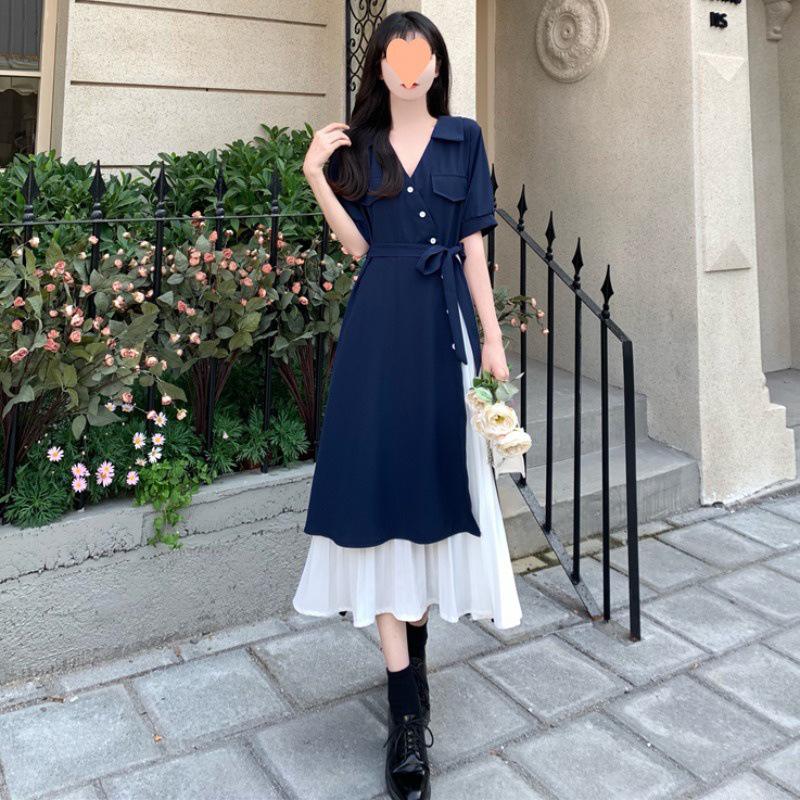 Elegant Two-Piece V-Neck Shirt Dress - Literary Style Summer Maxi for Women