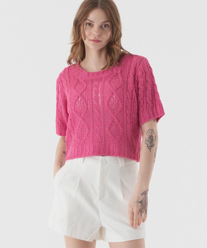 PIANER See-Through Punched Boucle Short Sleeve Knit (Pink)
