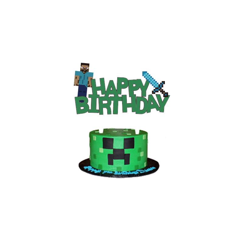 Minecraft Mosaic Pixel Theme Party Flags & Cake Toppers