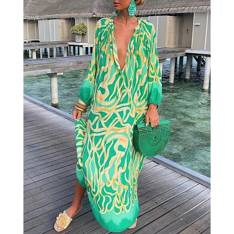 

2022 Independent Site Wish Amazon Hot-Selling Autumn V-Neck Loose Long-Sleeve Printed Dress for Women Green M