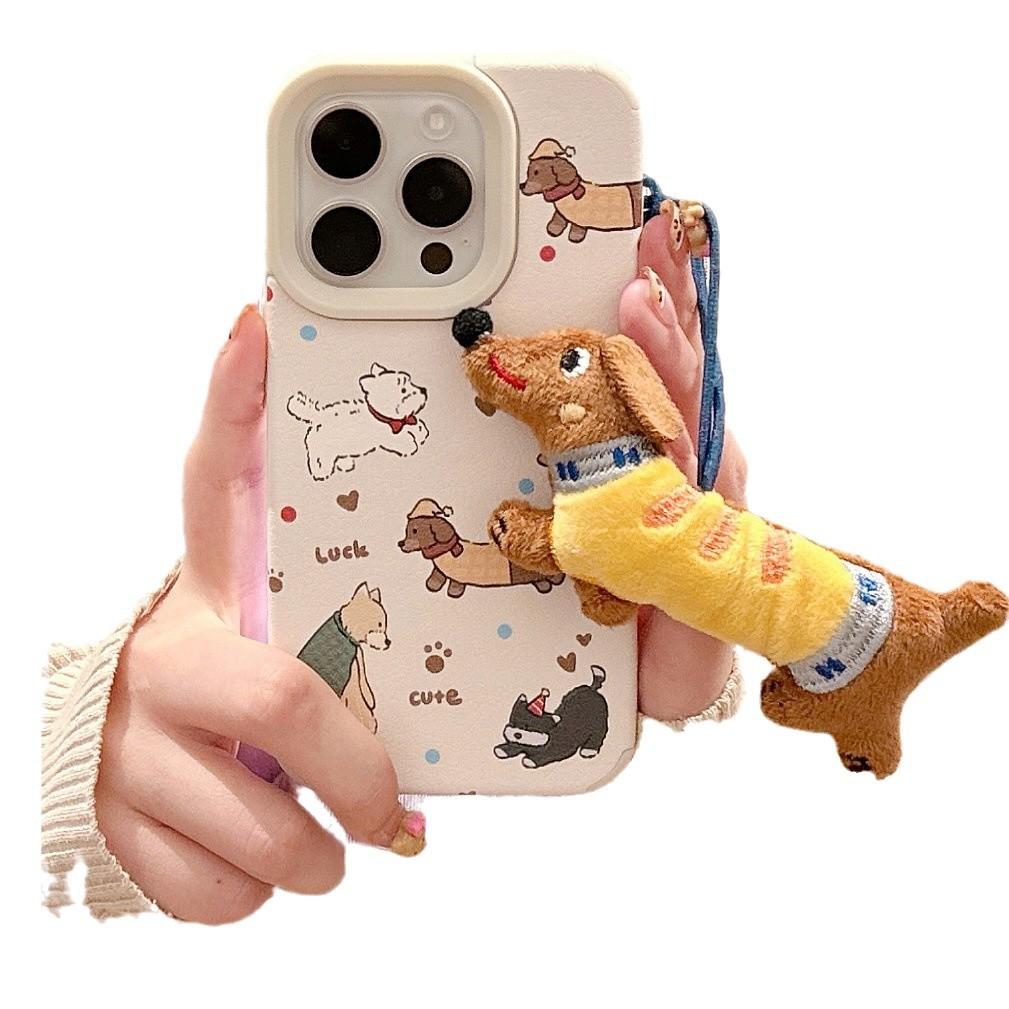 Cute Dachshund Plush Wristband for IPhone16/15 Phone Case for Apple 14/13promax Cartoon 11