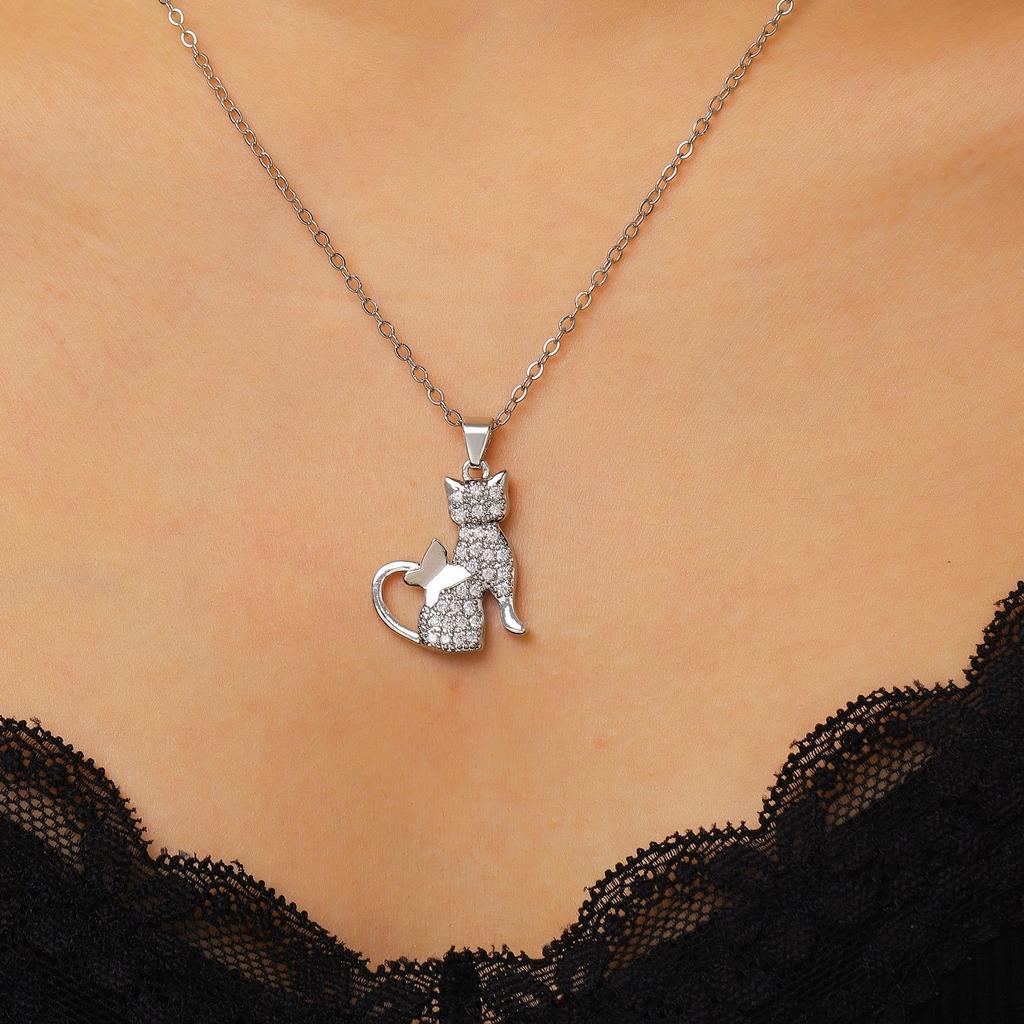 Cute Cat Butterfly Pendant Necklace Fully Inlaid Zircon Collar Chain for Women Girl Simple Exquisite Daily Wear Jewelry Gifts