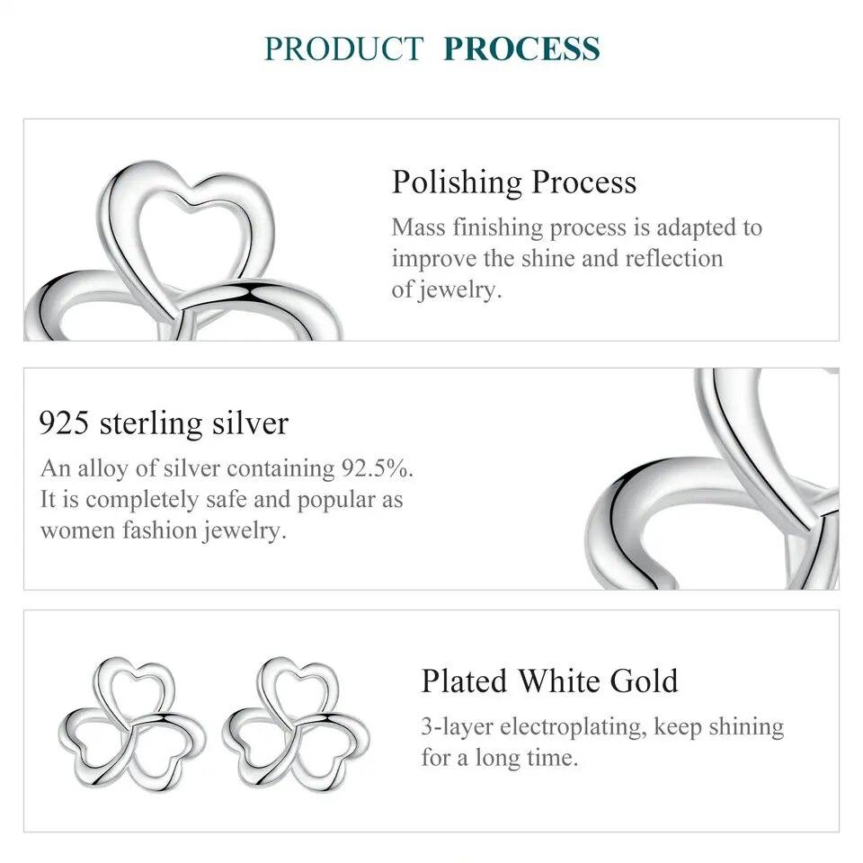 WOSTU Original 925 Sterling Silver Clover Stud Earrings Ear Studs Plated White Gold Fine Jewelry For Women Wedding Party Gift