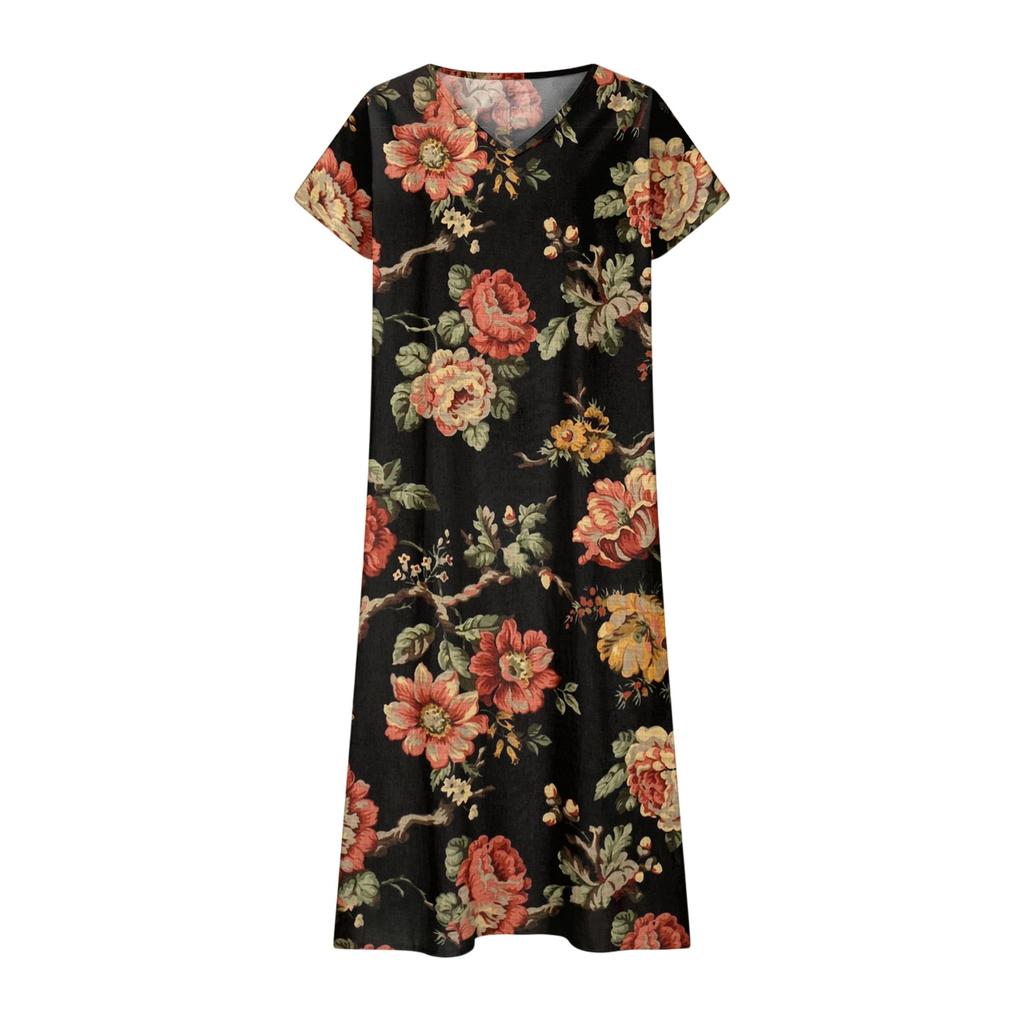 Women V Neck Short Sleeve Gradient Print Maxi Dress Summer Casual Loose Fit Beach Style Lightweight Sundress