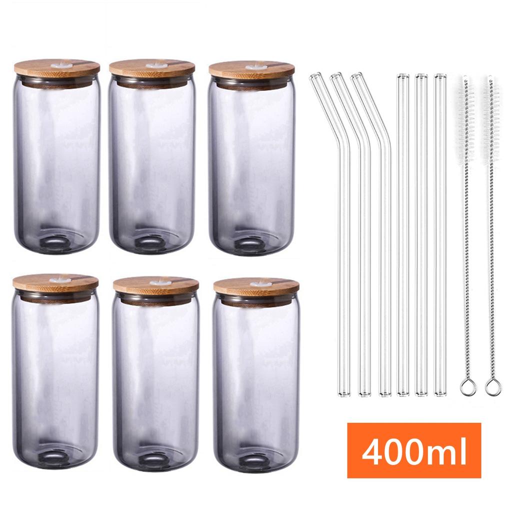 6 Stück Glas-Strohhalmbecher, Gläserbecher mit Strohhalmen und Bambusdeckeln, Trinkgläser für Kaffee, Bier, Cocktail, Wein, Soda, Cola, Glasbecher