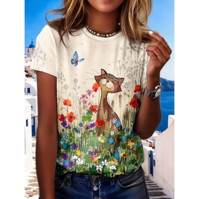 Women's Summer Fashion Short Sleeved Top Sweetwear Cute Cat Pattern Print Daily Date Attire T-Shirts Women Tees Clothing Female