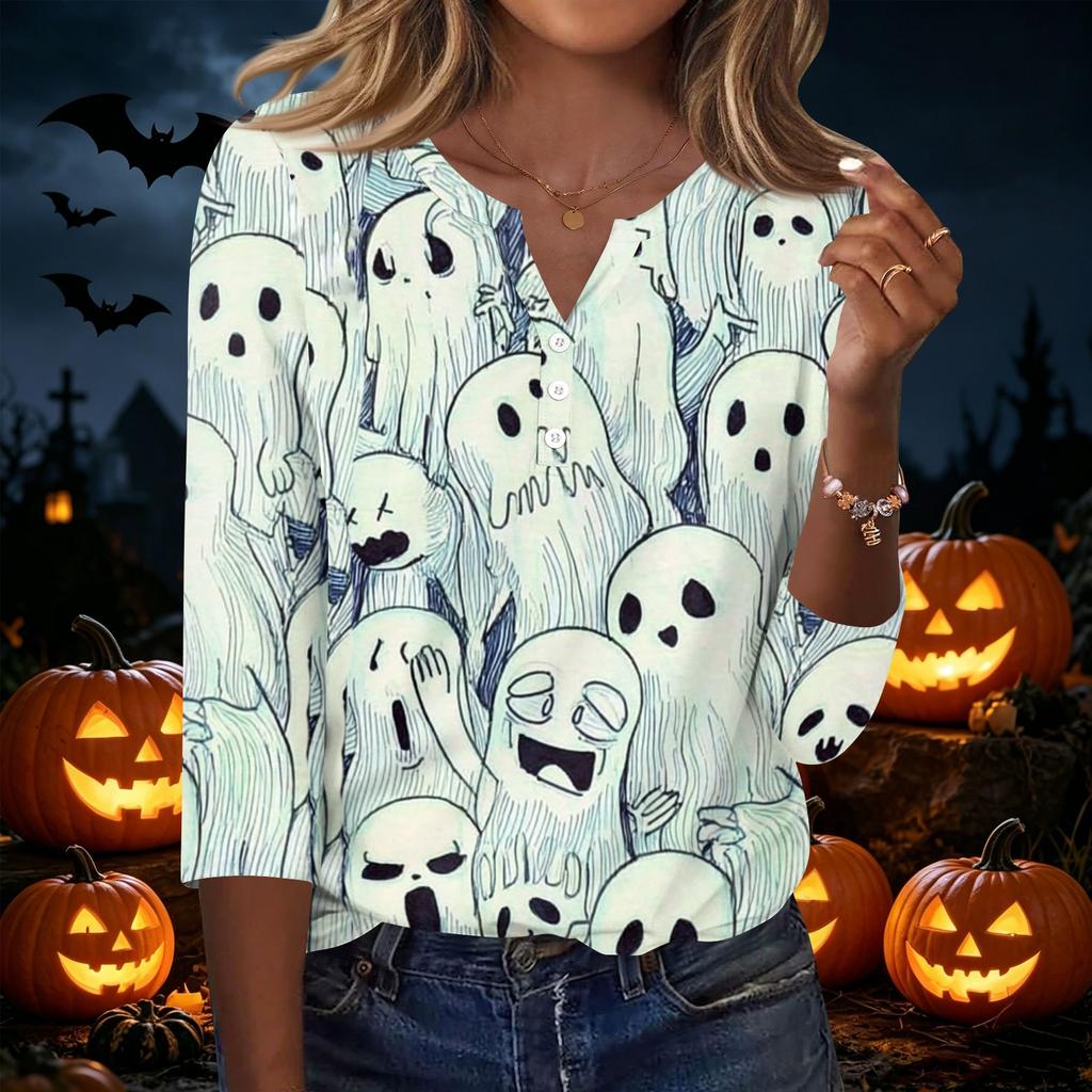 Women's Casual Halloween Print V Neck Button Three Quarter Sleeve T Shirt Top Lightweight Comfortable Fit Seasonal Graphic Tee