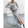 Fall Winter Women's Long Sleeve Crew Neck Slit Maxi Knit Dress, In Stock For Crossborder European American Size, Casual Long Dress For Women