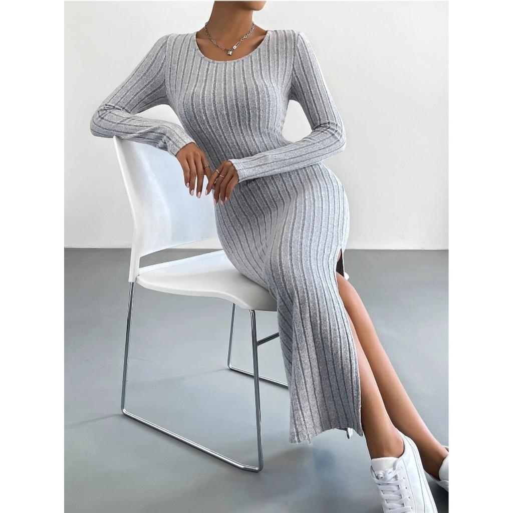 Fall Winter Women's Long Sleeve Crew Neck Slit Maxi Knit Dress, In Stock For Crossborder European American Size, Casual Long Dress For Women