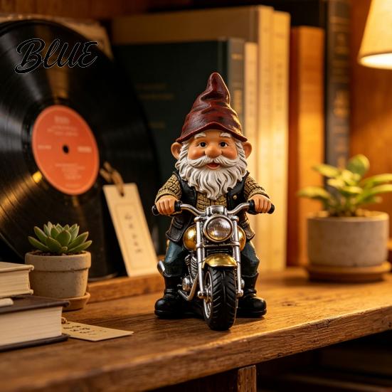 Hand Painted Gnome Figurine Riding Retro Motorcycle Figurine Motorbike Dwarf Resin Statue Ornament Sculpture for Home Office Desk Bookshelf
