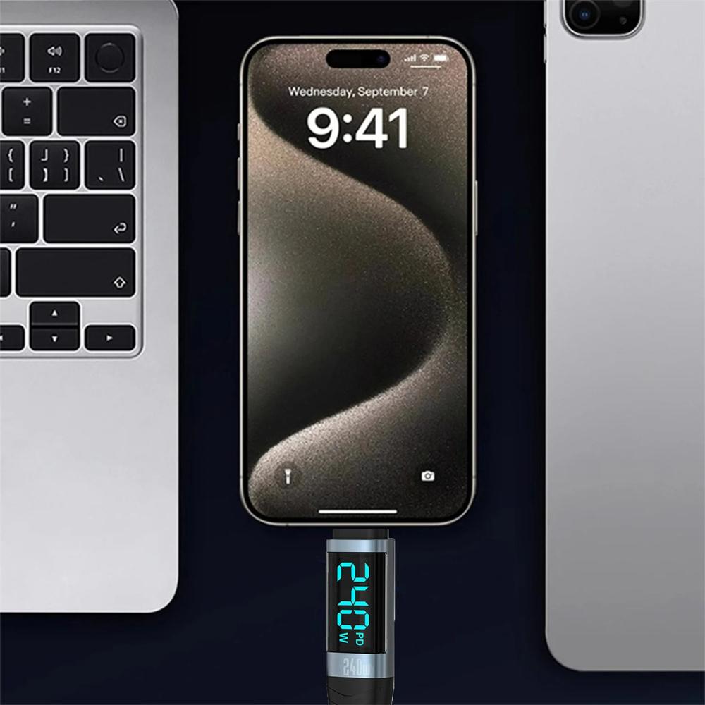 240W Type C to Type C Fast Charging Cable PD3.1 Digital Display USB C Data Cord For Iphone 15 16 Samsung Huawei Tablet Laptop