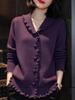 Women's Purple Wool Cardigan with Edge Design and Long Sleeves - Stylish Spring/Autumn Fashion