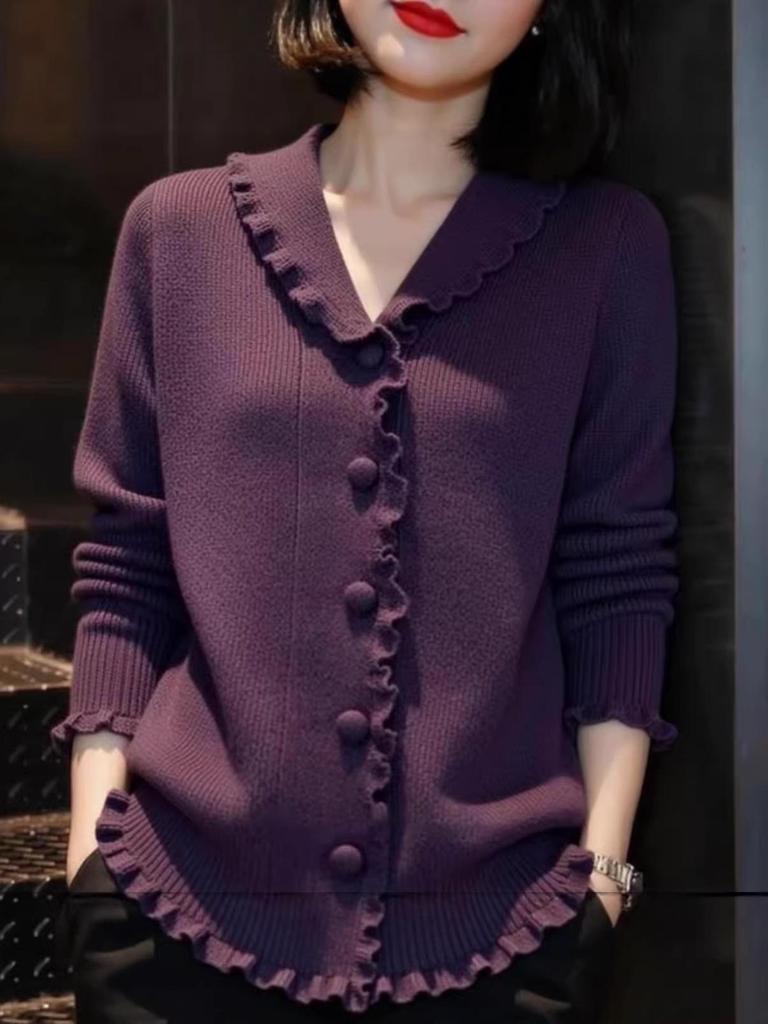 Women's Purple Wool Cardigan with Edge Design and Long Sleeves - Stylish Spring/Autumn Fashion
