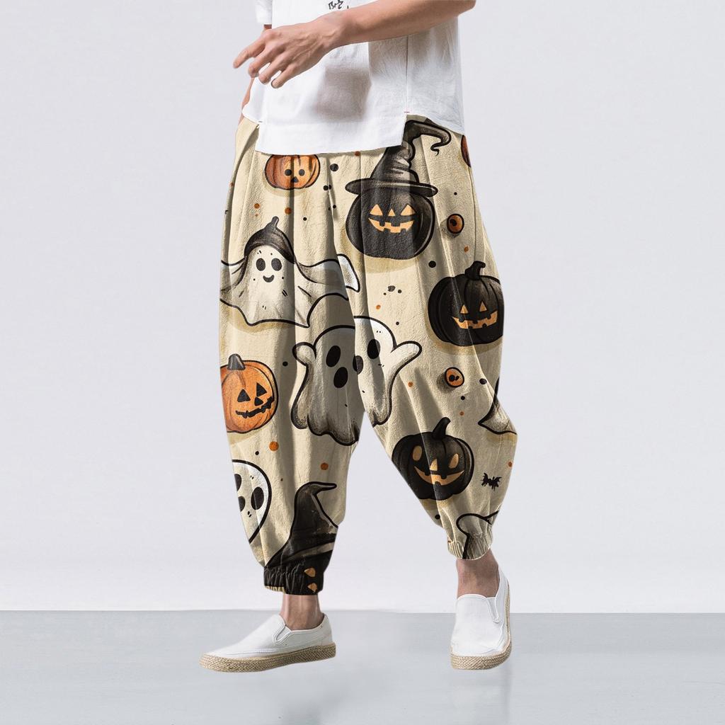 Halloween-Print - Lässige Weitbein-Hose, Herren Lässige Loose-Fit-Hose