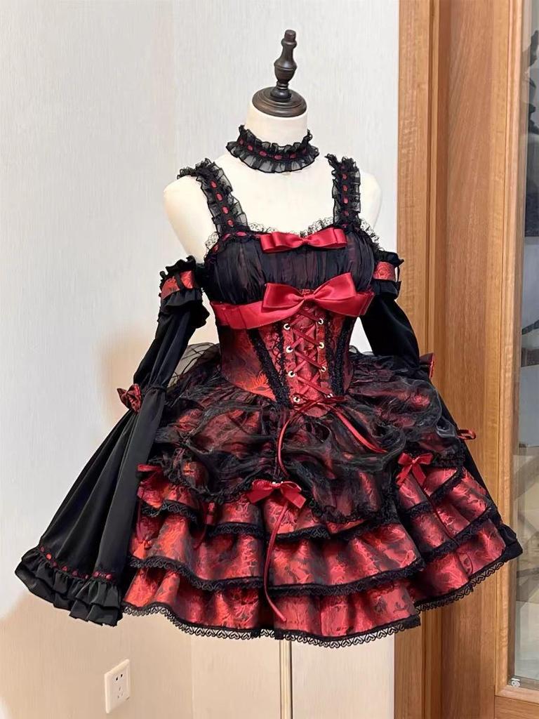 In-Stock Rose Butler Black & Red Strappy Lolita JSK Dress - Cute Two-Dimensional Sweet & Spicy Cosplay Outfit