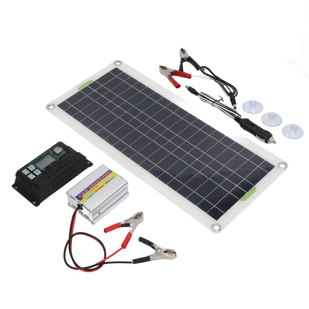 12V 30W Portable Solar Panel Kit with 220W Inverter Controller Polysilicon High Efficiency 2 USB Por