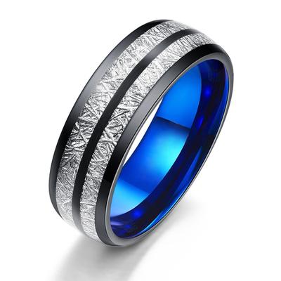 Trendy 8mm Siyah Tungsten Düğün Çelik Yüzük Erkekler Kadınlar Için Mavi Kubbe Çift Oluk Karbon Fiber Kakma Yüzük Erkekler Düğün Band Hediye