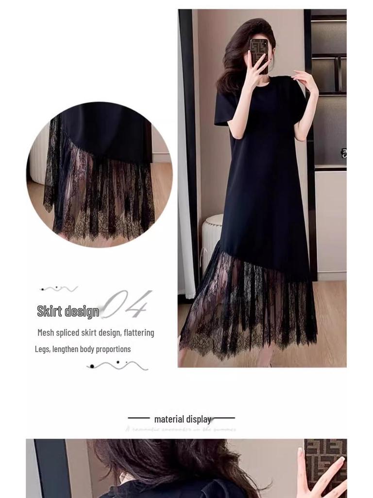 French Lace Patchwork Plus Size Summer Dress - Elegant Loose Short Sleeve Skirt for Women