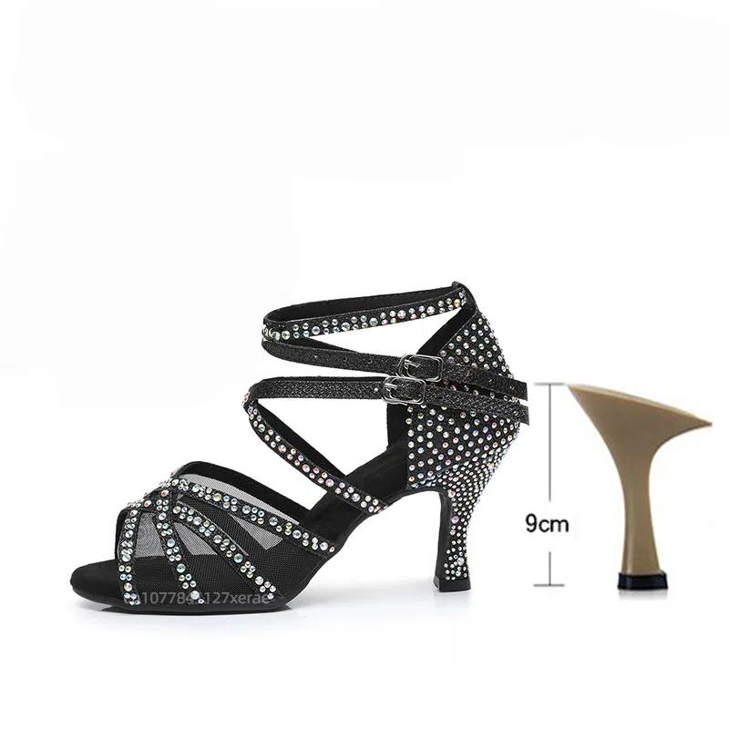 Neue Diamantbesetzte Latein-Tanzschuhe für erwachsene Frauen, Professionelle Tanzschuhe mit weicher Sohle, Mittlere Absätze für Damen