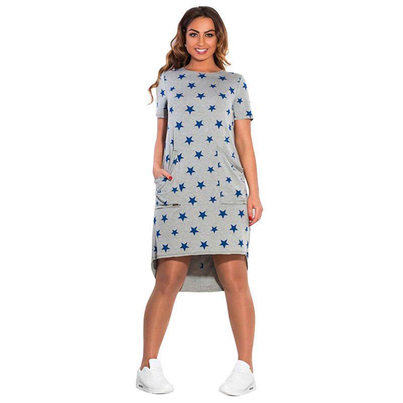 Summer Women Stars Printed Clothing Loose Fit Knee-length Casual Dress In Cotton Blend