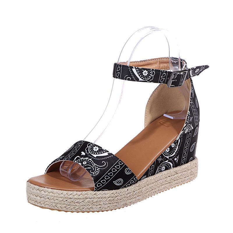 2021 Plus Size Women s Casual Pattern One-Strap Wedge Sandals 35 чёрный