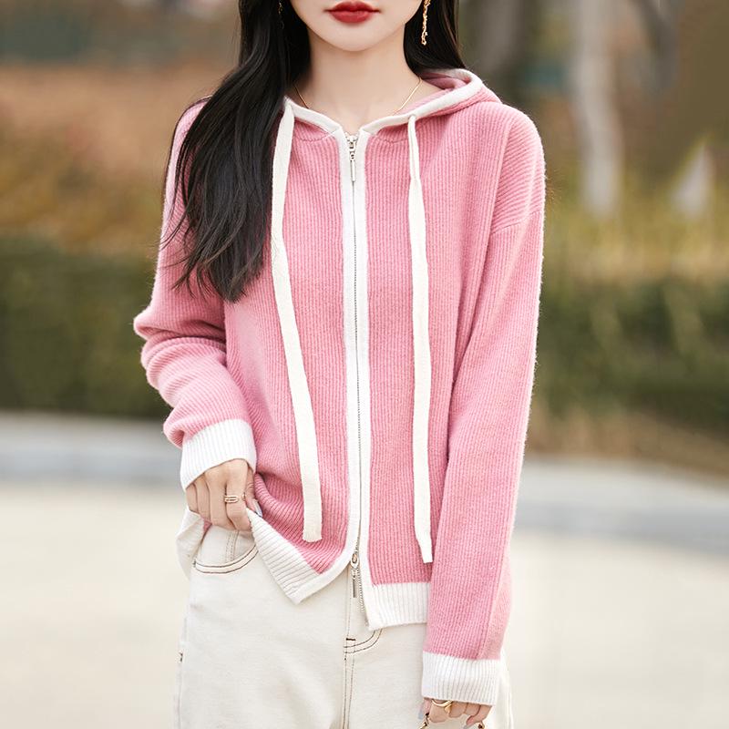 Women's 100% Pure Wool Hooded Cardigan with Zipper – Color Block Knitwear, Loose Fit.