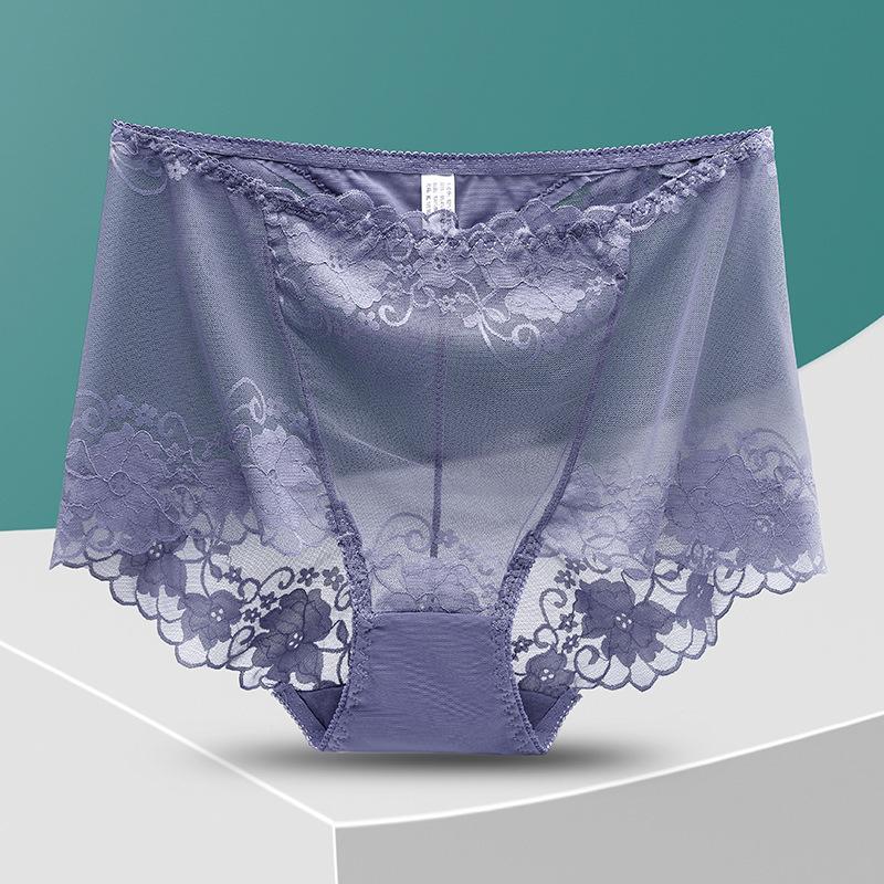 Plus Size Lady Summer Sexy Lace Hollow Out Perspective High Waist Triangle Briefs