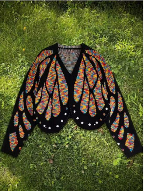 Cardigan Tricotat cu Blocuri de Culoare și Fluturi, cu Mâneci tip Batwing