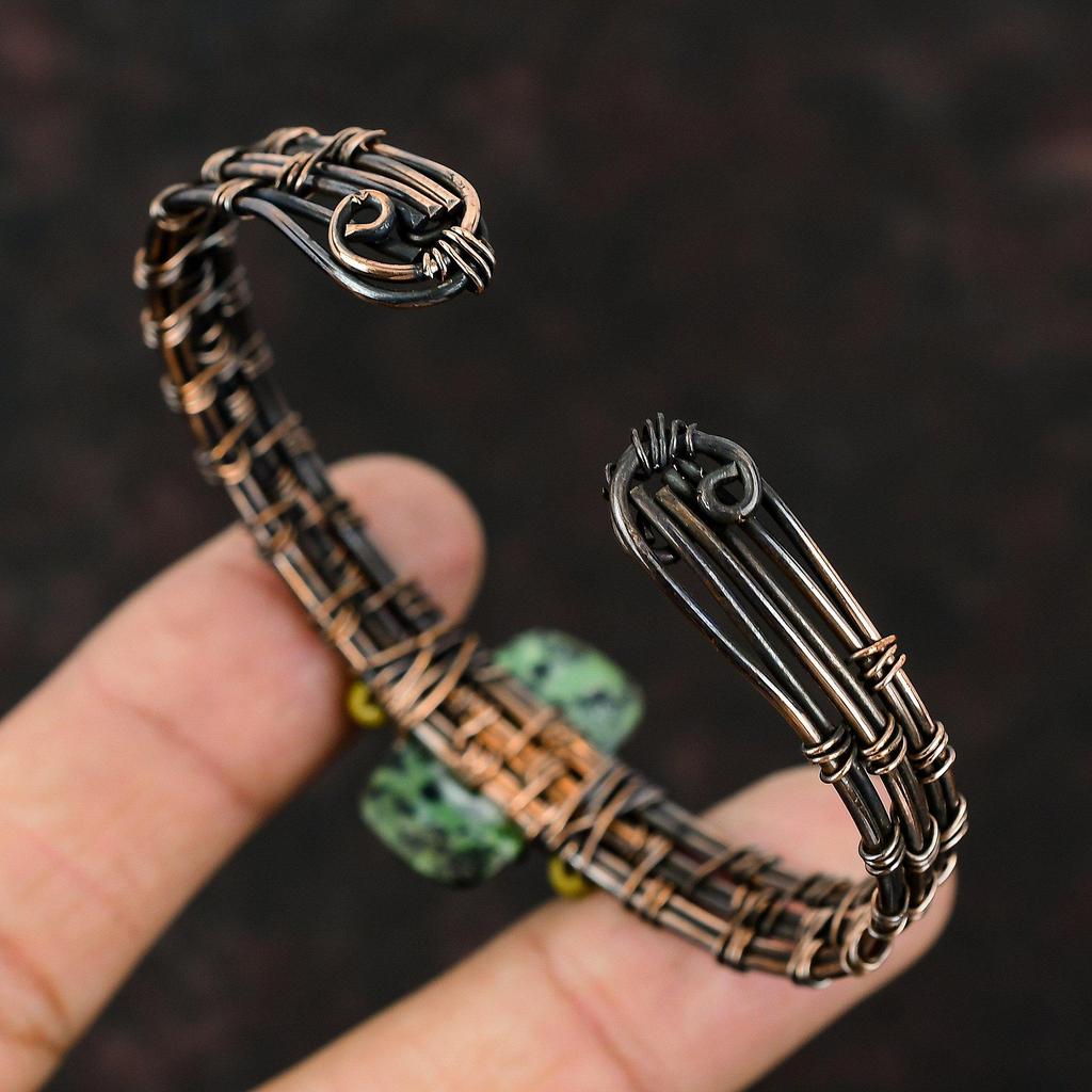 Ruby Zoisite Copper Cuff Bracelet Yellow & Red Coral Beads Bangle Copper Wire Wrapped Jewelry Adjustable Bracelet Gemstone Handmade Jewelry