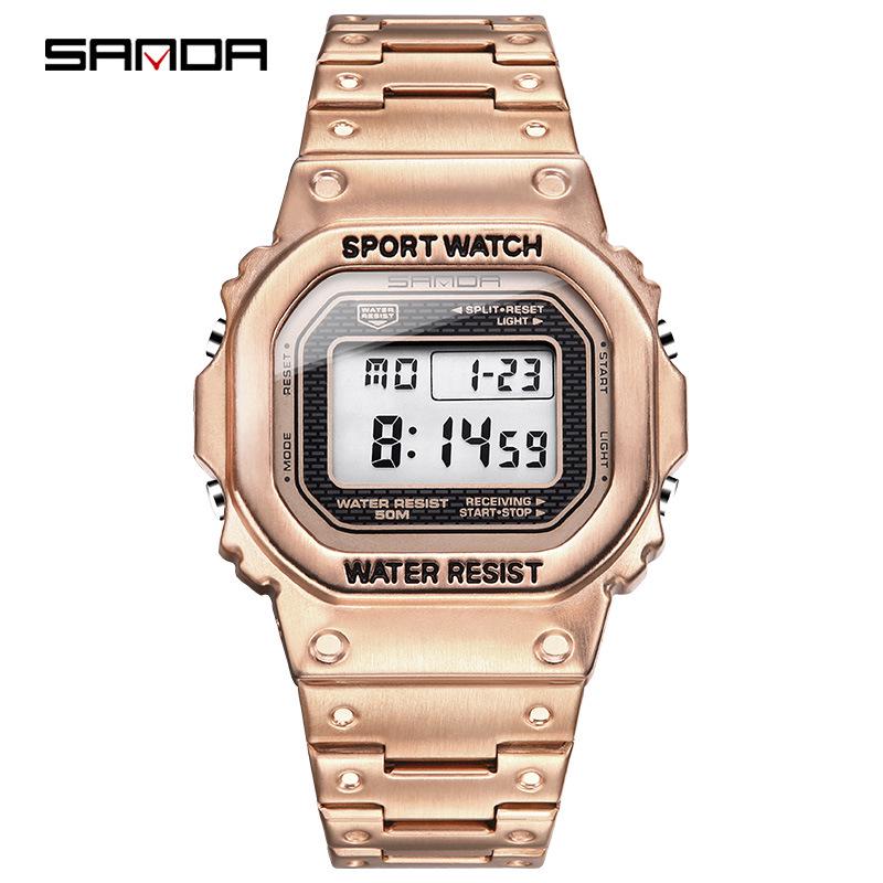 Sanda Men's Square Waterproof Electronic Watch with Fashionable Light and Alarm Clock.
