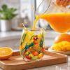 Glass Juice Cup with Tropical Fruit and Parrot Print Stemless Drinking Glass Suitable for Home Use Durable and Decorative Beverage Container