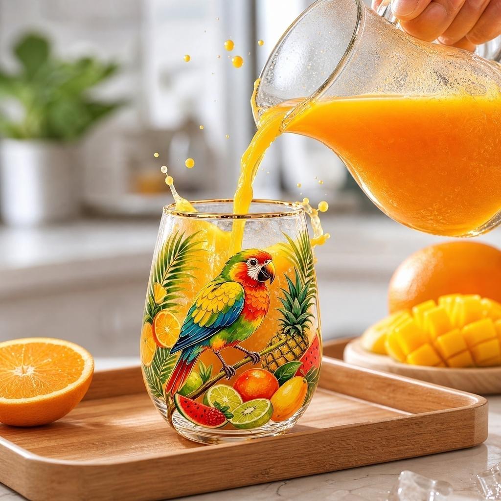 Glass Juice Cup with Tropical Fruit and Parrot Print Stemless Drinking Glass Suitable for Home Use Durable and Decorative Beverage Container