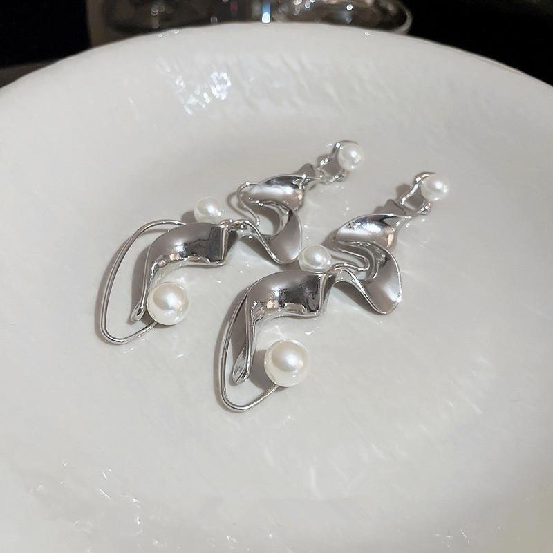 Huitan Irregular Weave Shaped Dangle Earrings with Imitation Pearl for Women Special-interested Girls Ear Accessories Jewelry